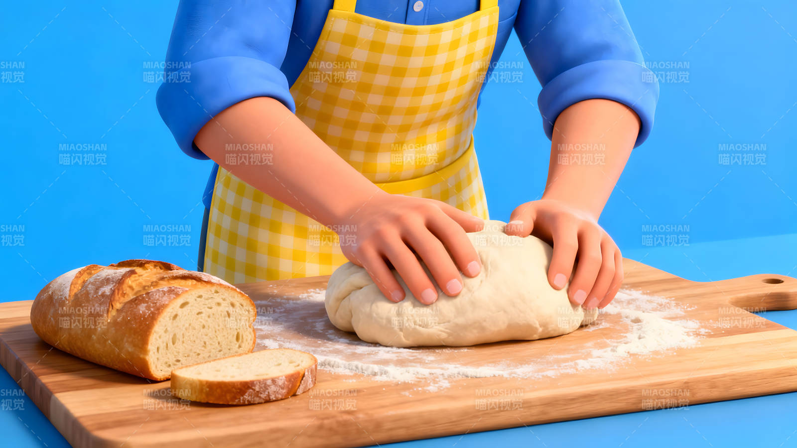 卡通面包师揉面制作面包的情景-图片