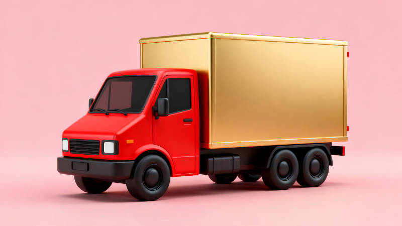 紅色卡車和金色貨箱的3D渲染圖-圖片