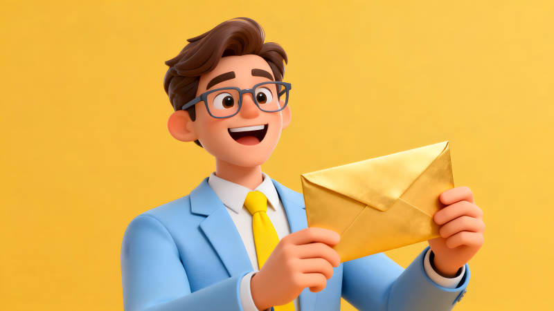 开心的卡通人物拿着金色的信图片