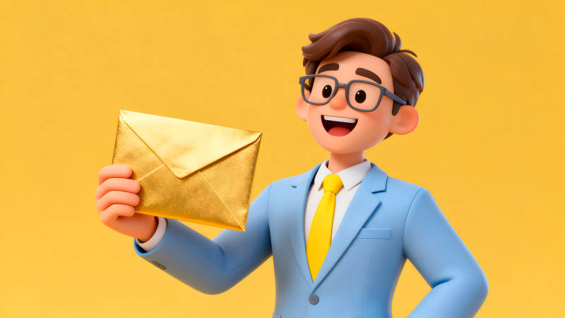 卡通人物拿着金色信封笑得很开心图片