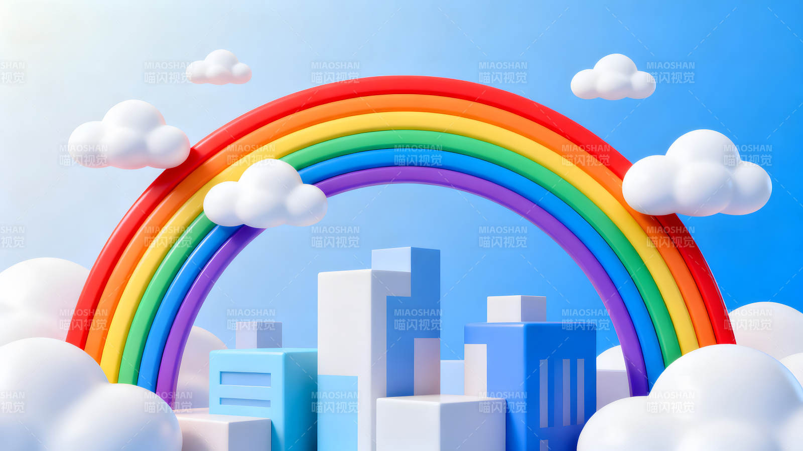 卡通风格彩虹城市风景-图片