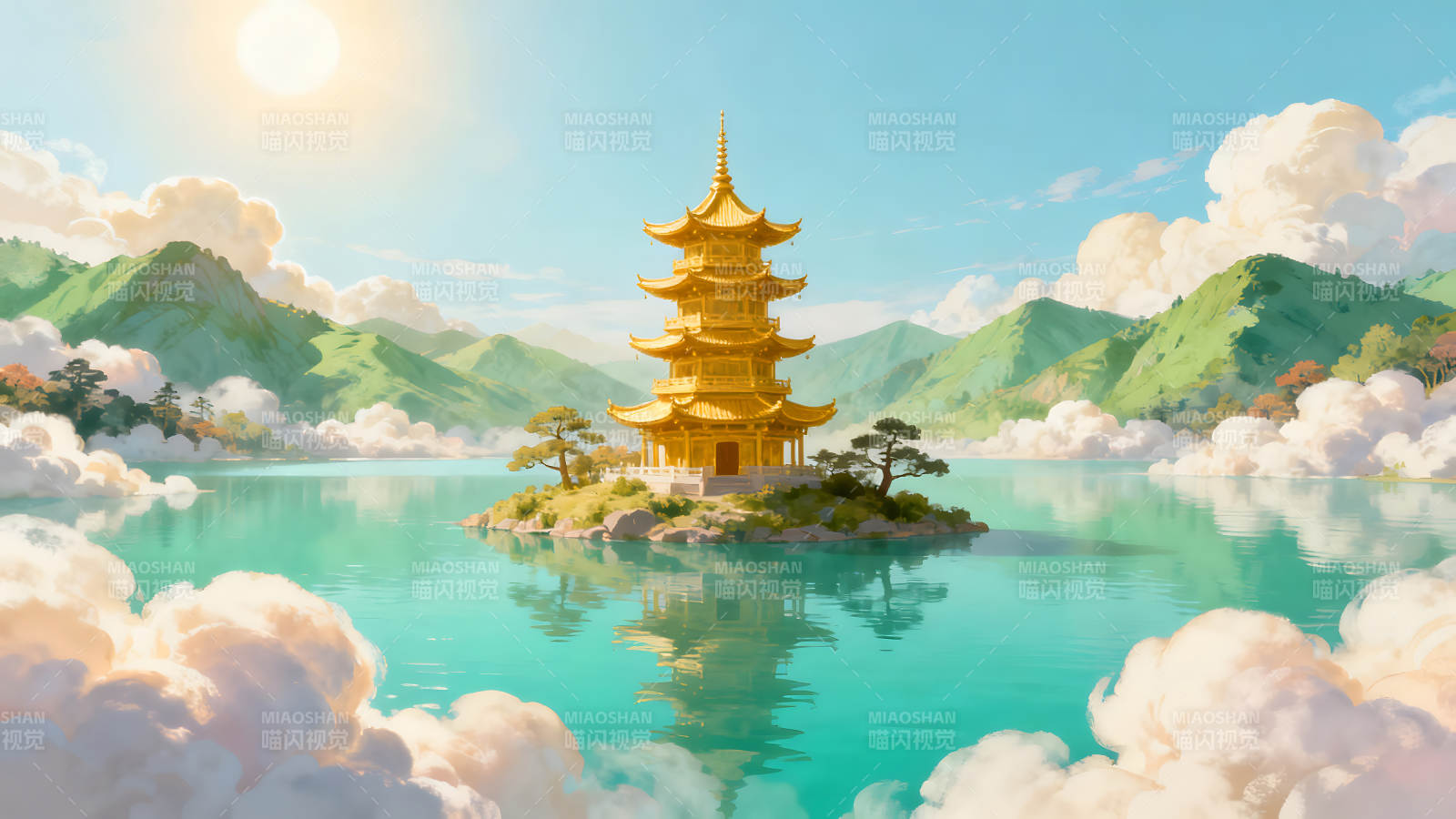 金色佛塔佇立湖中祥云環(huán)繞風景如畫-圖片