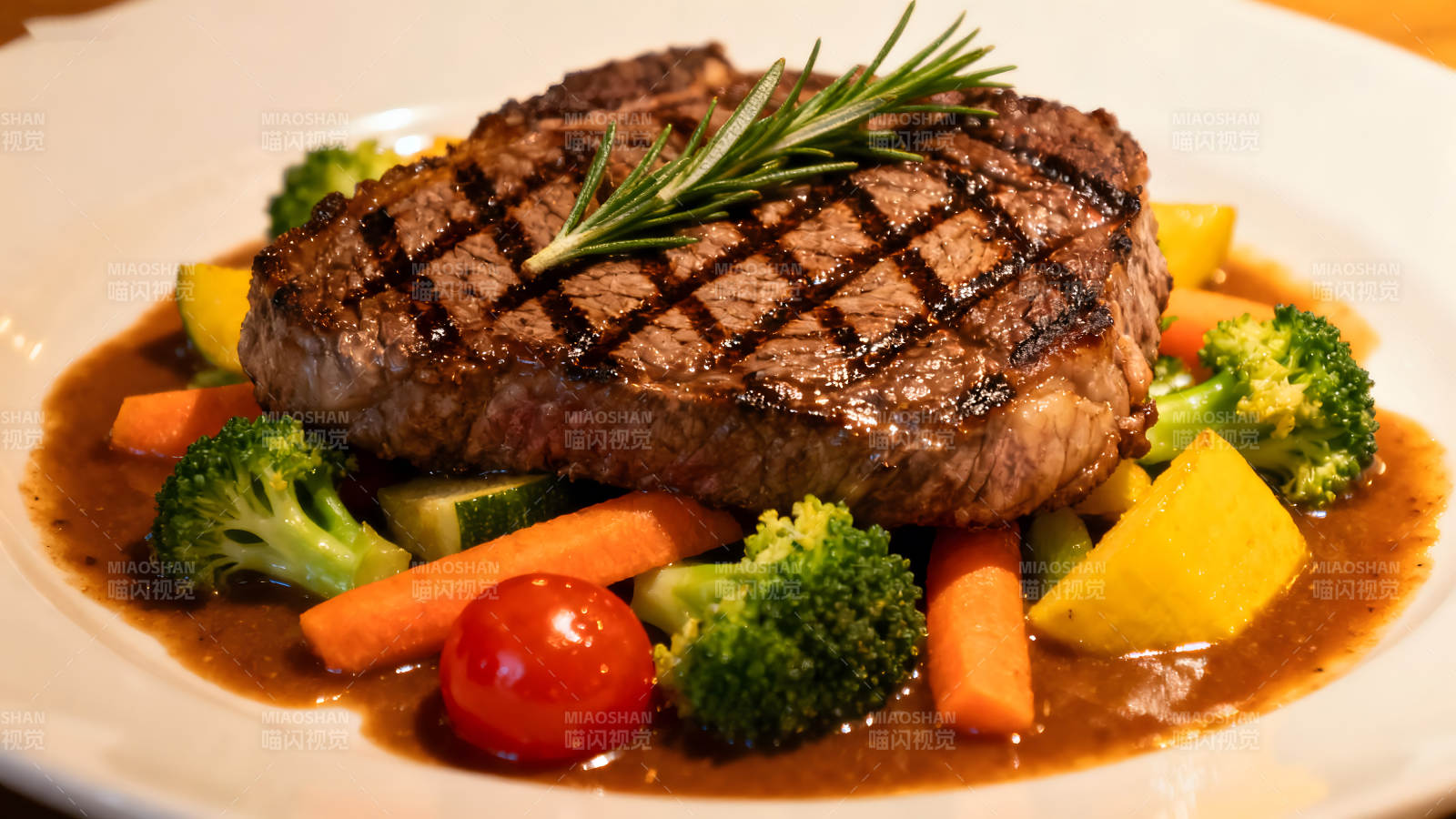 烤牛排配蔬菜和酱汁图片