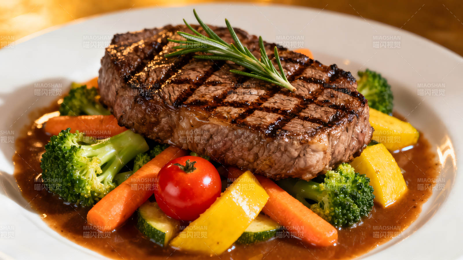烤牛排配蔬菜和酱汁图片