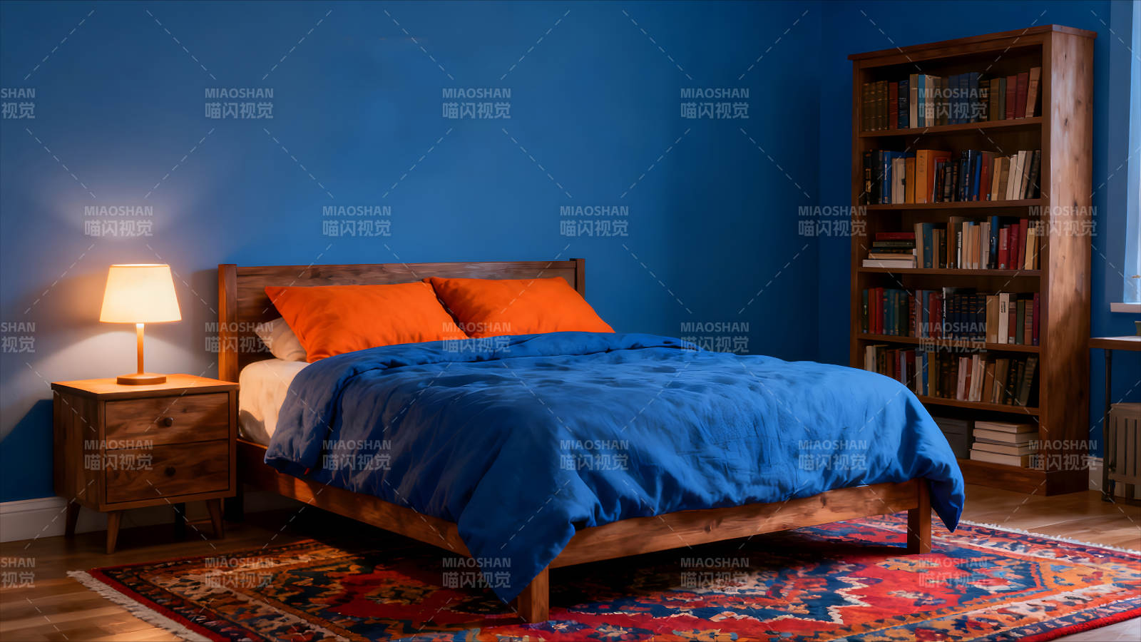 臥室陳設藍色橙色配色舒適溫暖圖片
