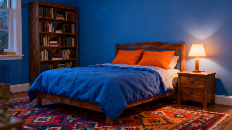 卧室床与书架灯光和谐舒适-图片