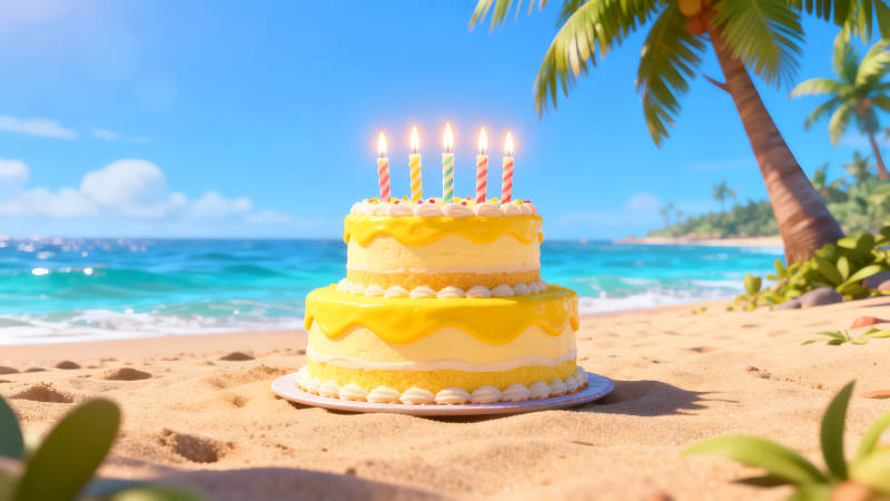 海滩上的生日蛋糕和蜡烛-图片