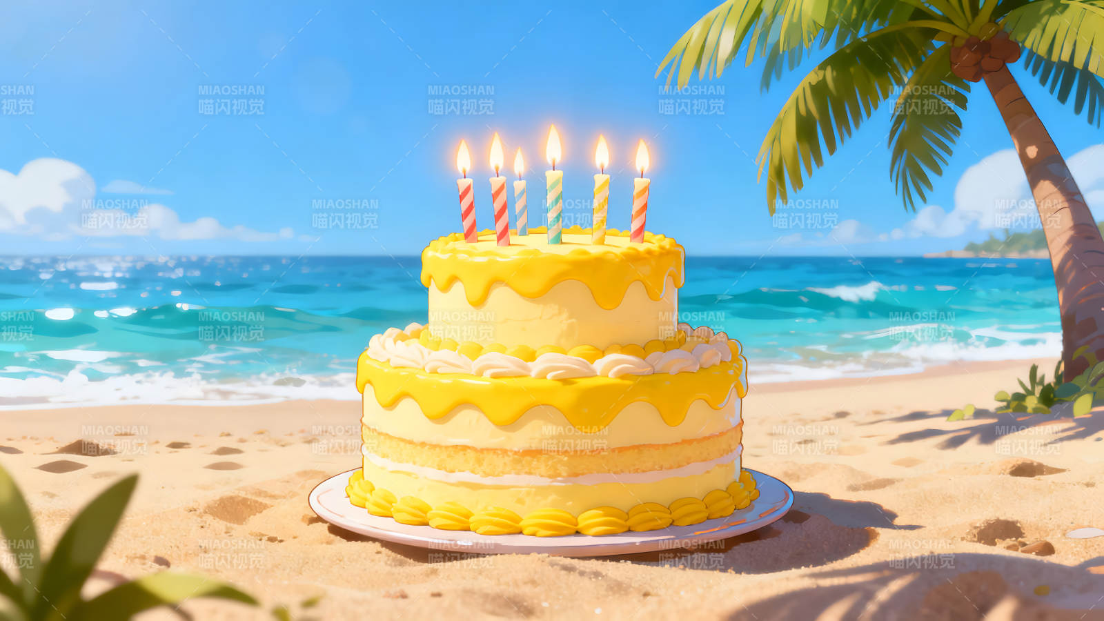 沙滩上的生日蛋糕和海洋图片