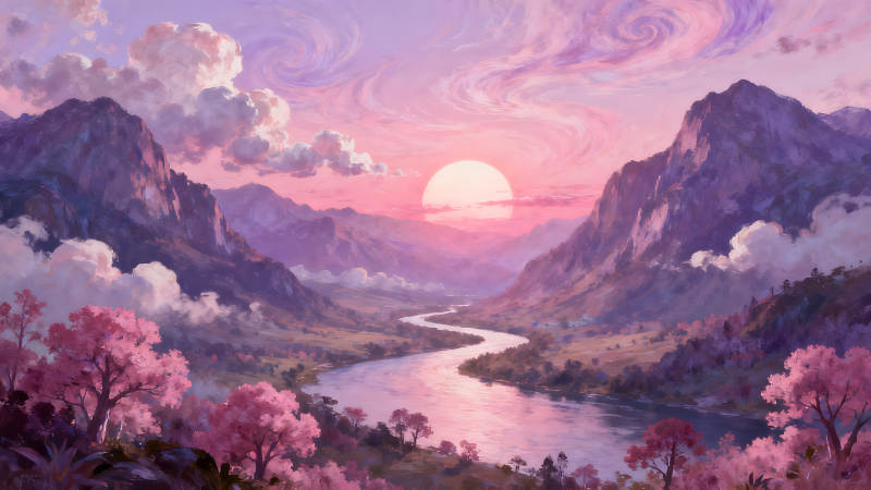 粉色霞光下的山河美景意境悠远-图片