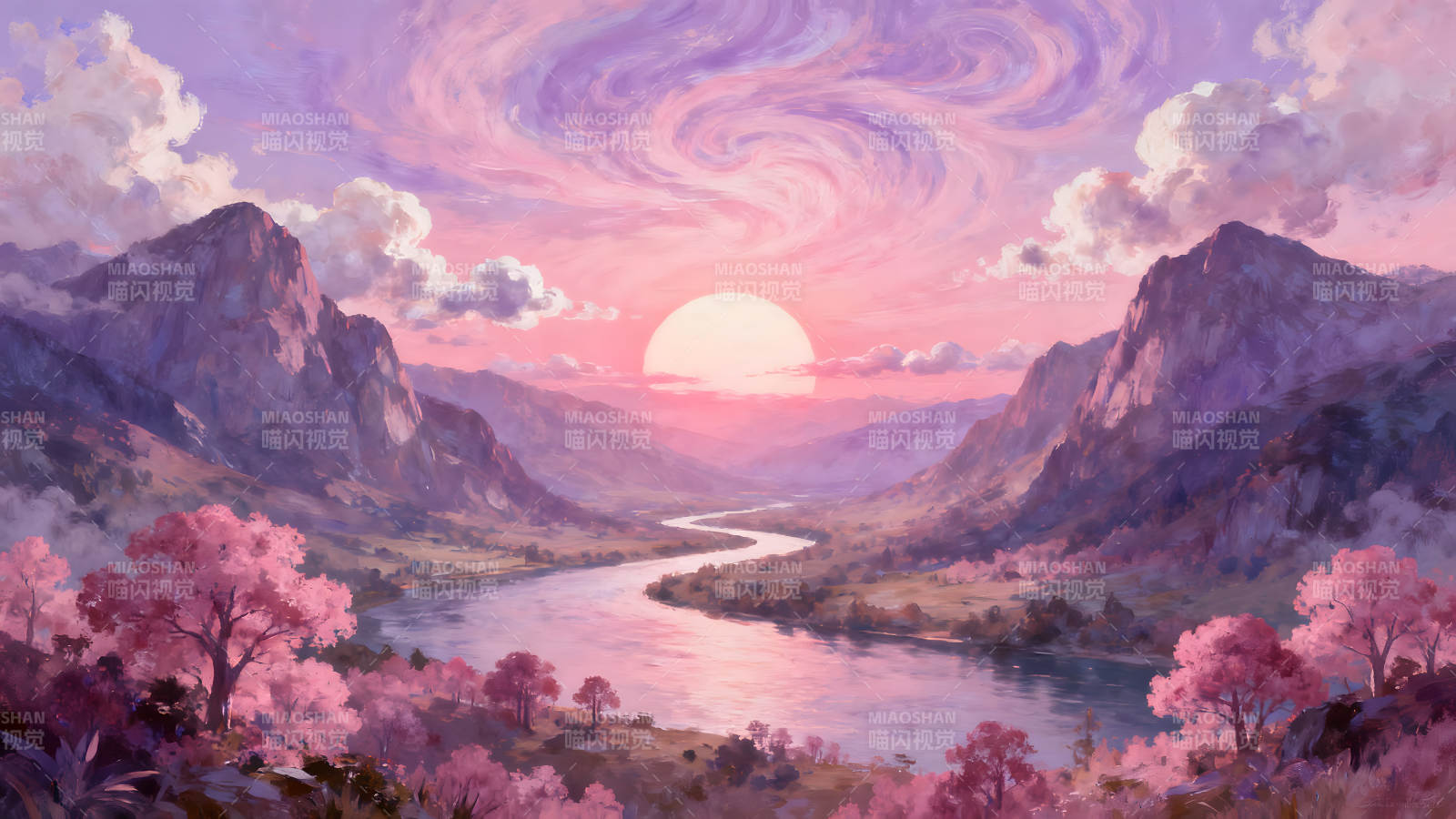 粉色日落下的山谷河流美景-图片