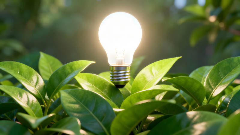 发光的灯泡在绿叶中环保概念-图片