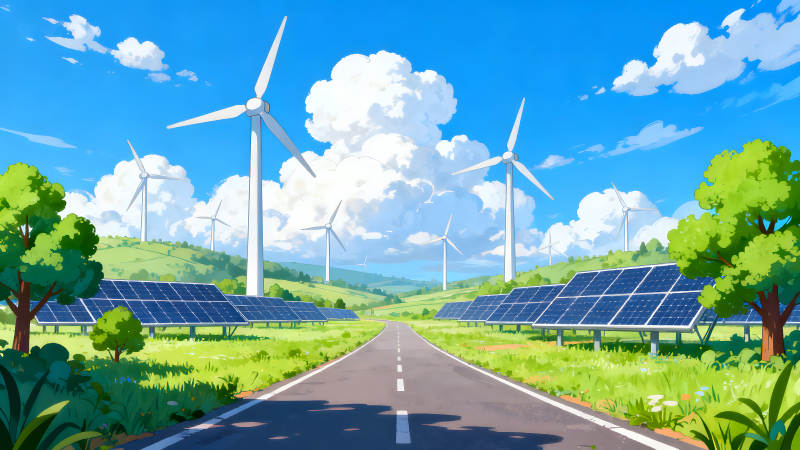 蓝天白云下的绿色能源景象-图片