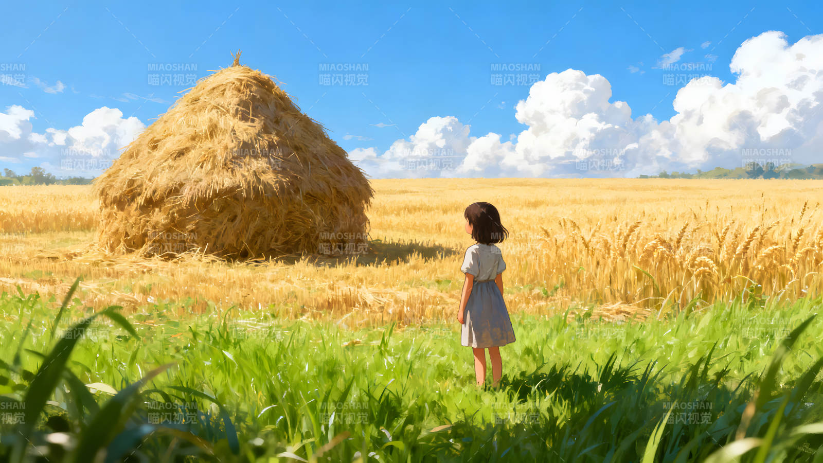 田野上的女孩和干草堆-圖片