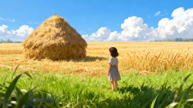 田野上的女孩和干草堆-圖片