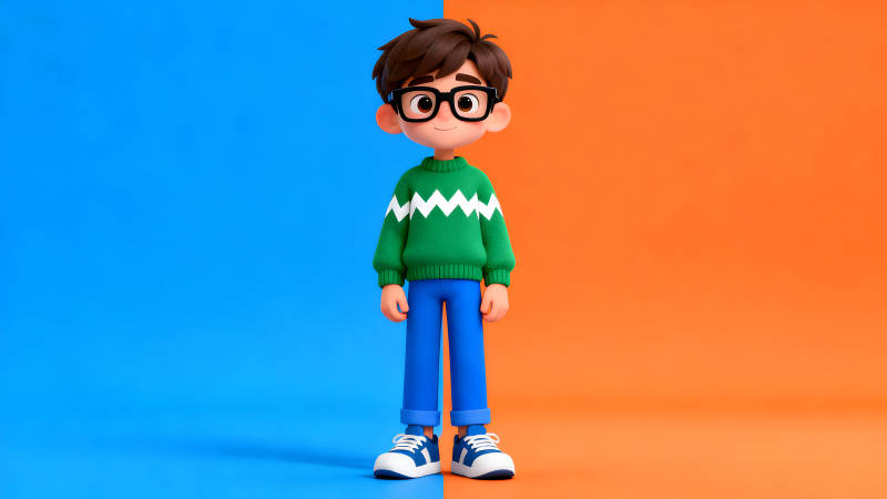 卡通男孩形象站立在雙色背景前-圖片