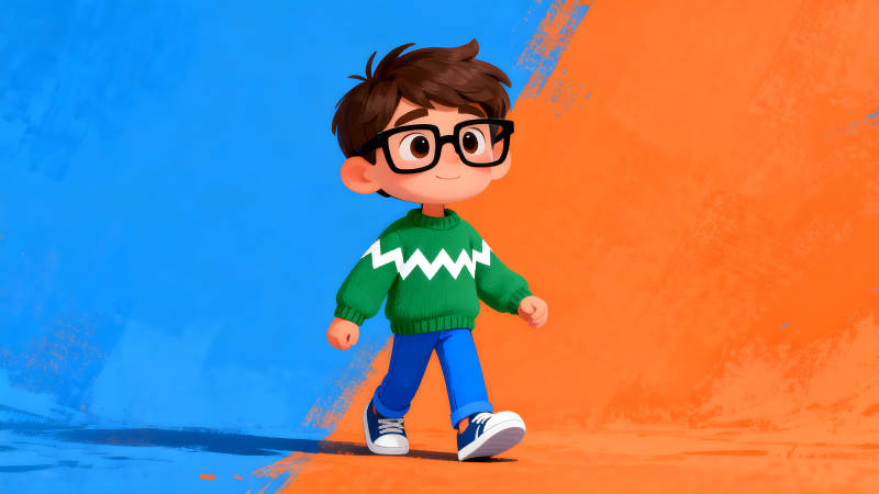 卡通男孩走在背景上-图片