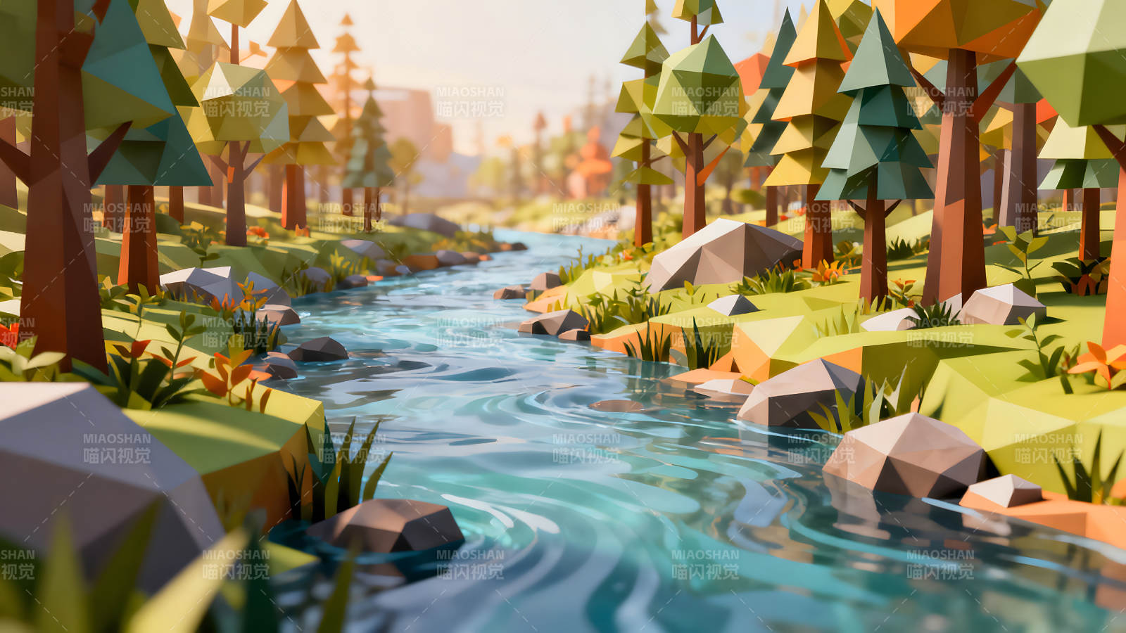 卡通河流森林美景-图片