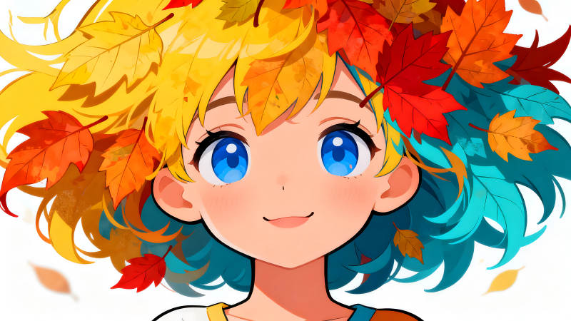 秋日少女頭戴落葉笑容甜美-圖片