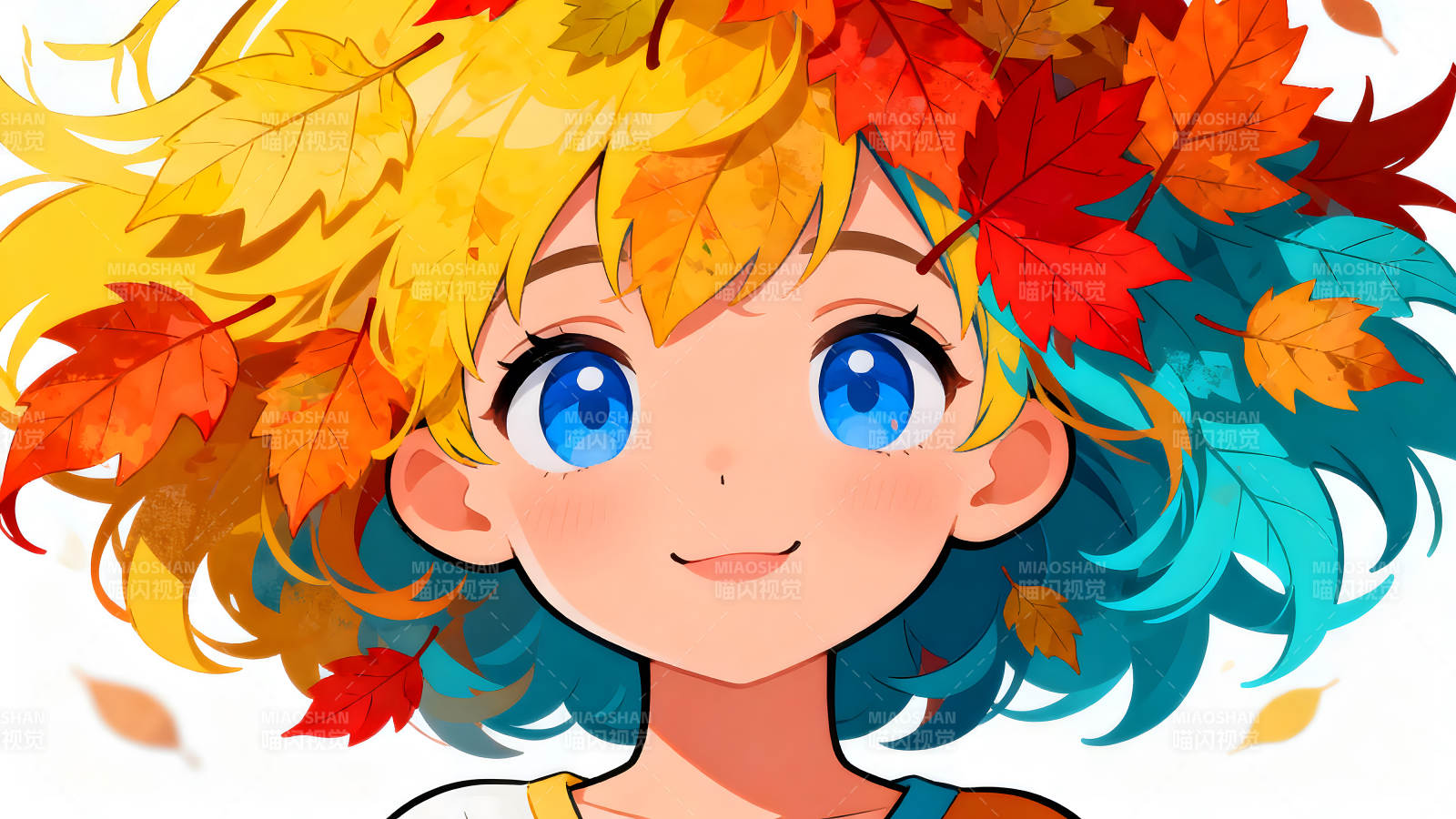 秋日少女頭戴落葉笑容甜美-圖片