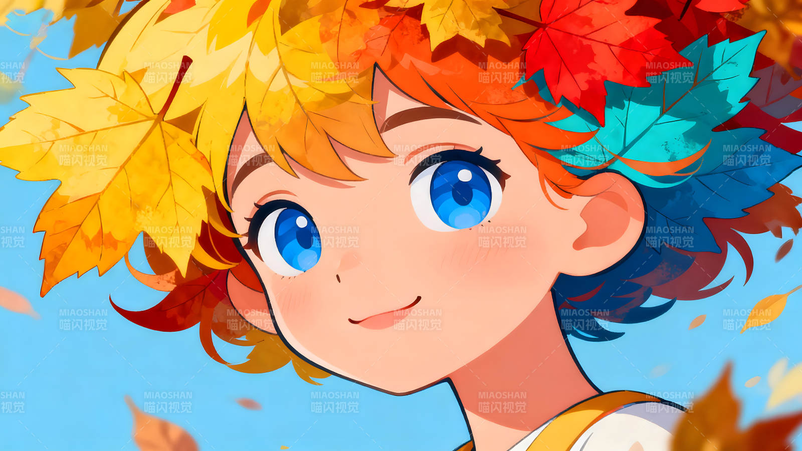 動漫女孩秋天楓葉-圖片