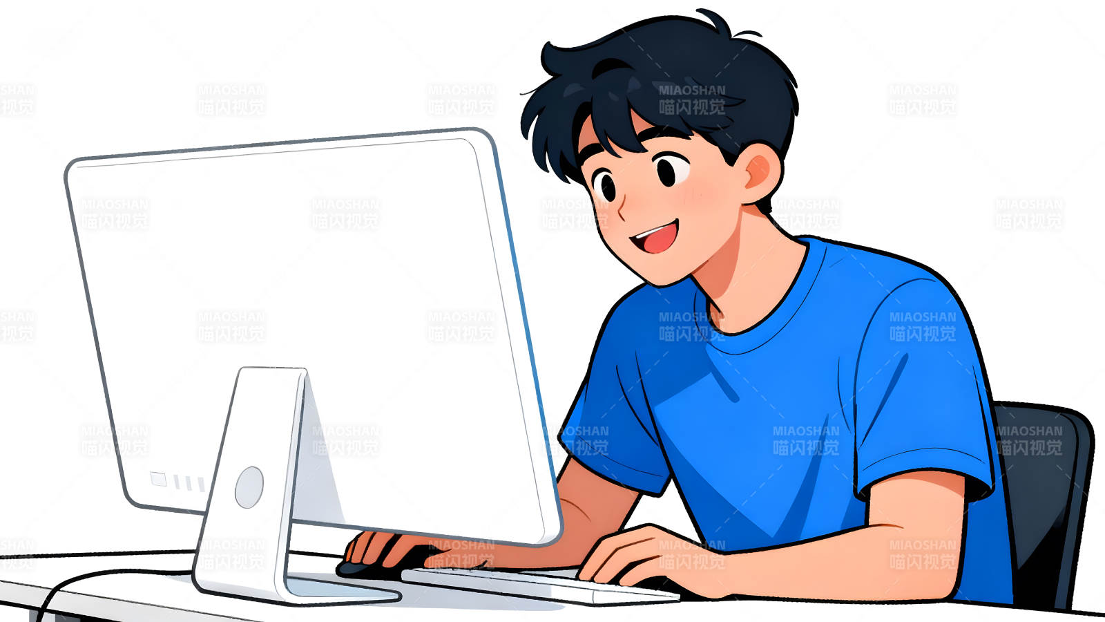 男孩专注电脑工作面带笑容图片