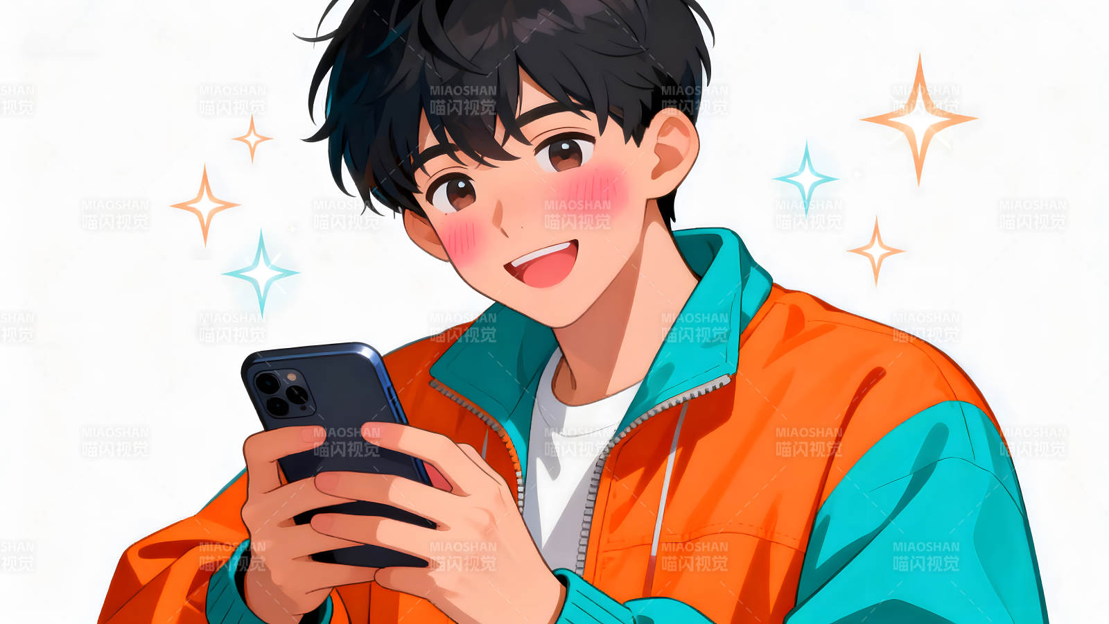 動漫風格男孩拿著手機微笑-圖片