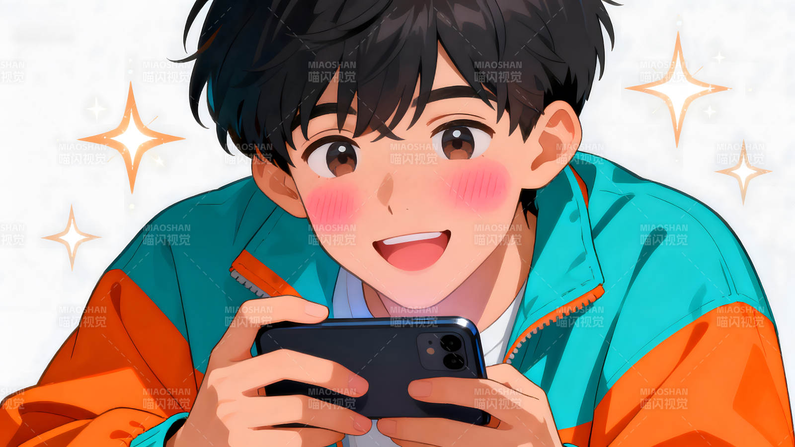 动漫男生玩手机露出笑容-图片