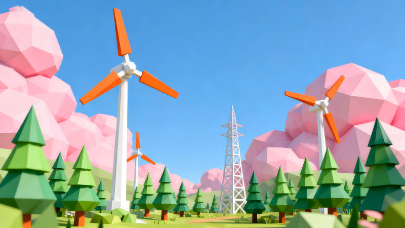 卡通风力发电场景低多边形渲染-图片