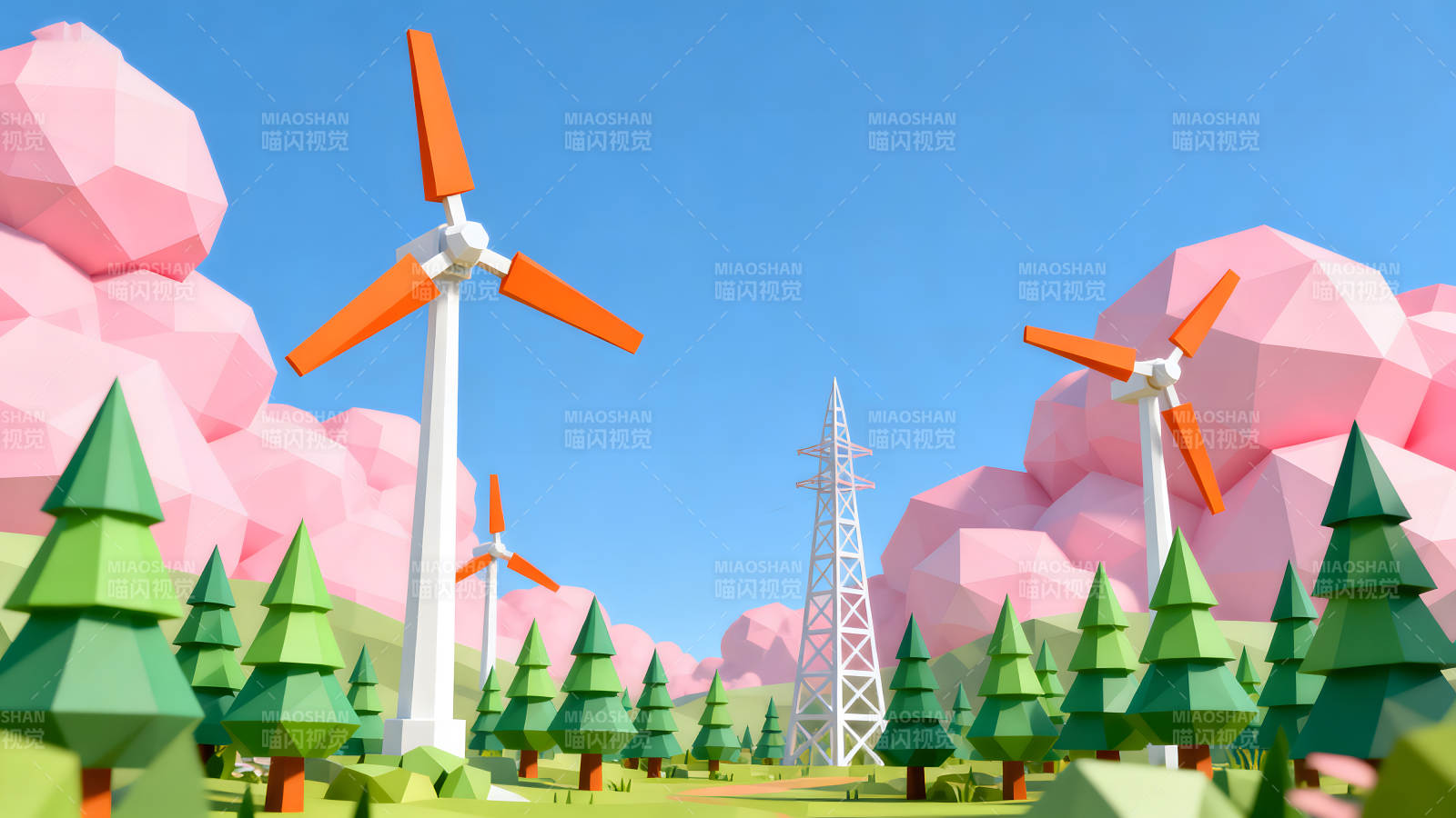 卡通风力发电场景低多边形渲染-图片