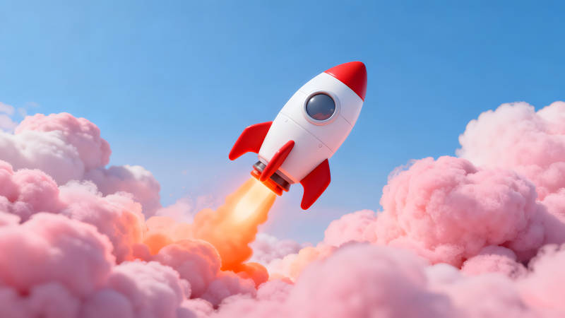 火箭穿越粉色云海翱翔天空-圖片