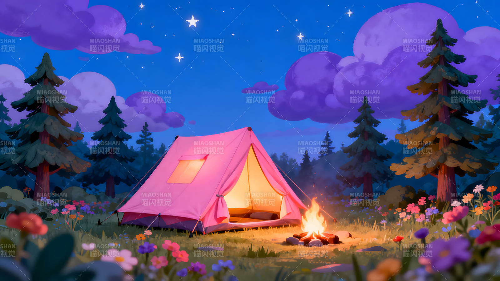 夜晚露营粉色帐篷火焰星星图片