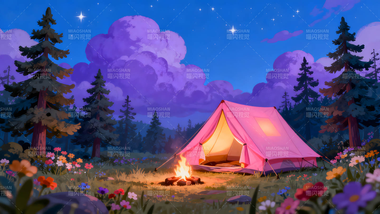 夜晚露营地场景梦幻风格图片