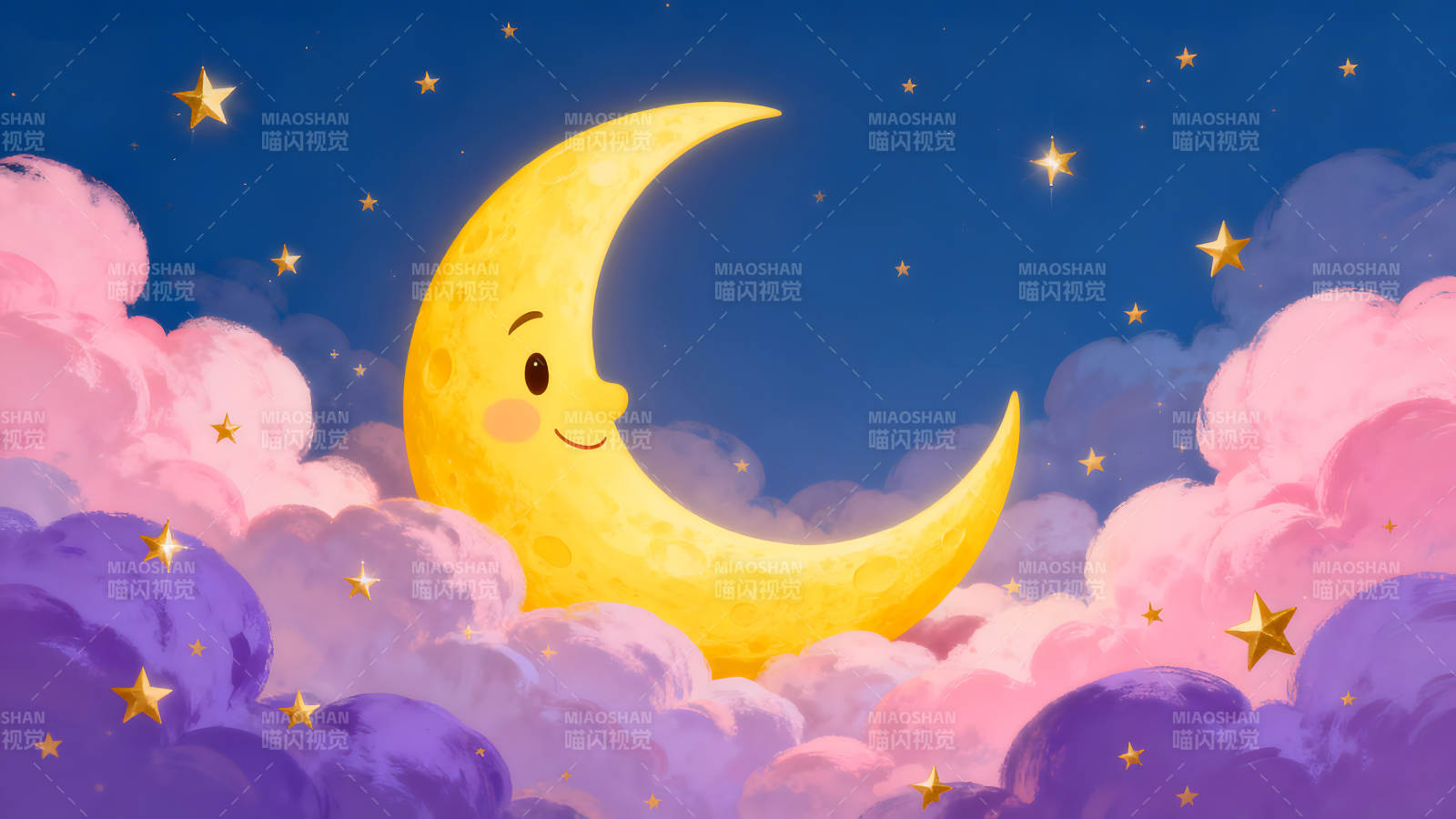 卡通月亮與星星在云朵中閃耀-圖片