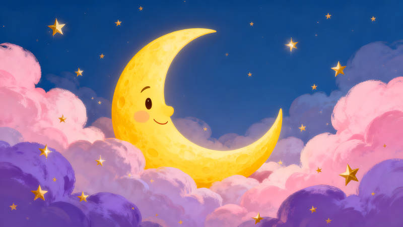 卡通月亮與星星在云朵中閃耀-圖片