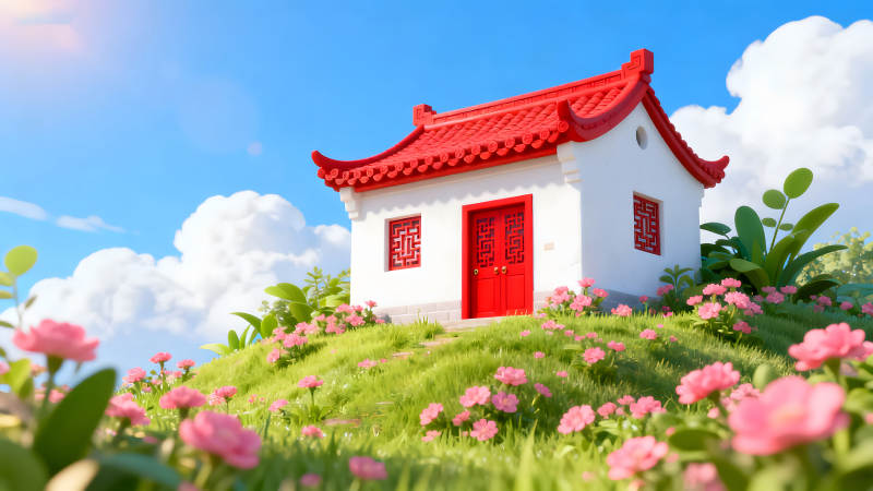 紅頂白墻的可愛小屋坐落于草地之上-圖片