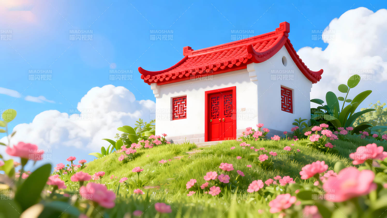 紅頂白墻的可愛小屋坐落于草地之上-圖片