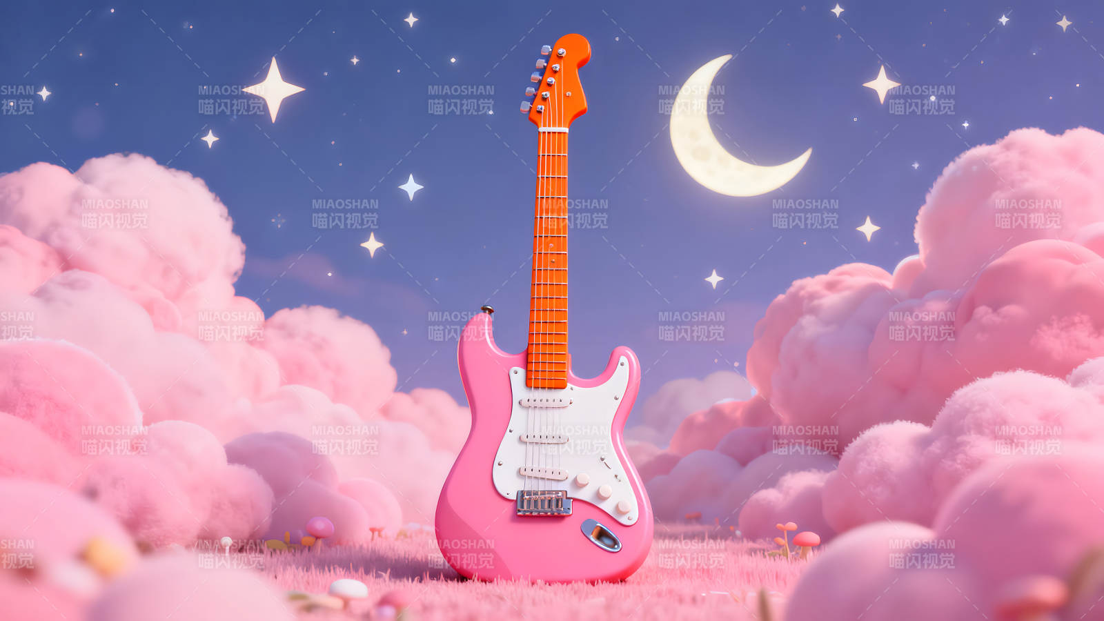 粉色吉他夢(mèng)幻場(chǎng)景星星月亮-圖片