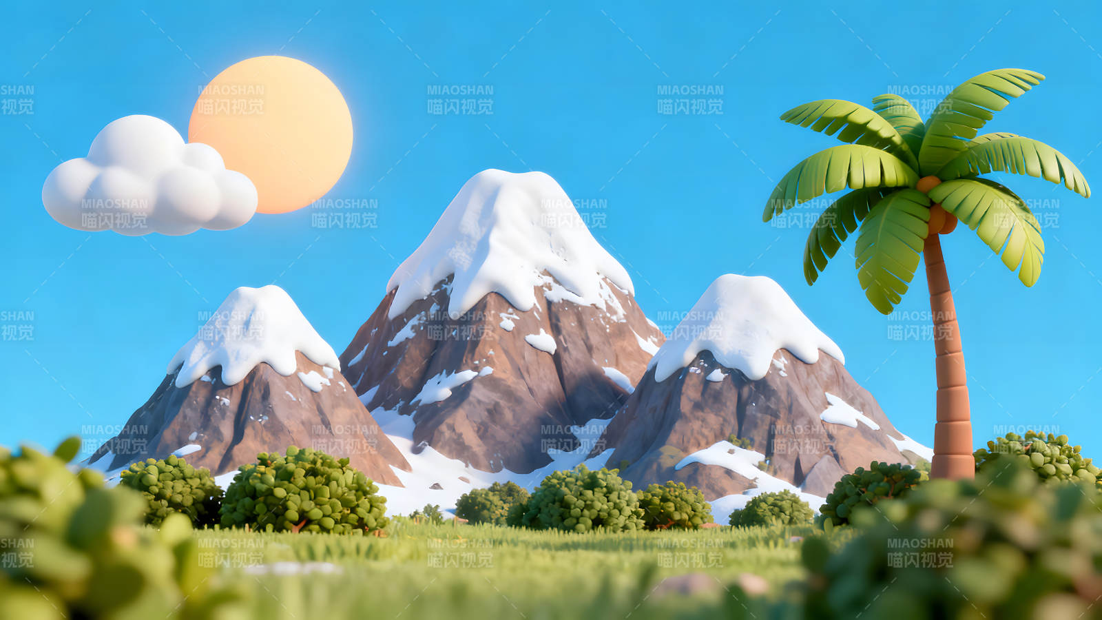 卡通風景太陽云彩雪山椰樹-圖片