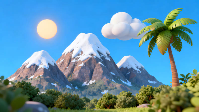 卡通山景椰樹陽光明媚-圖片
