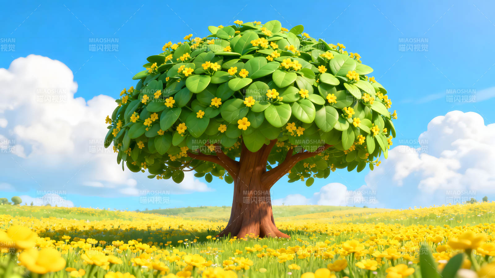 卡通风格的树木与花田图片