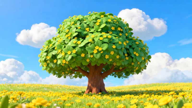 卡通树木盛开野花遍地天空湛蓝-图片