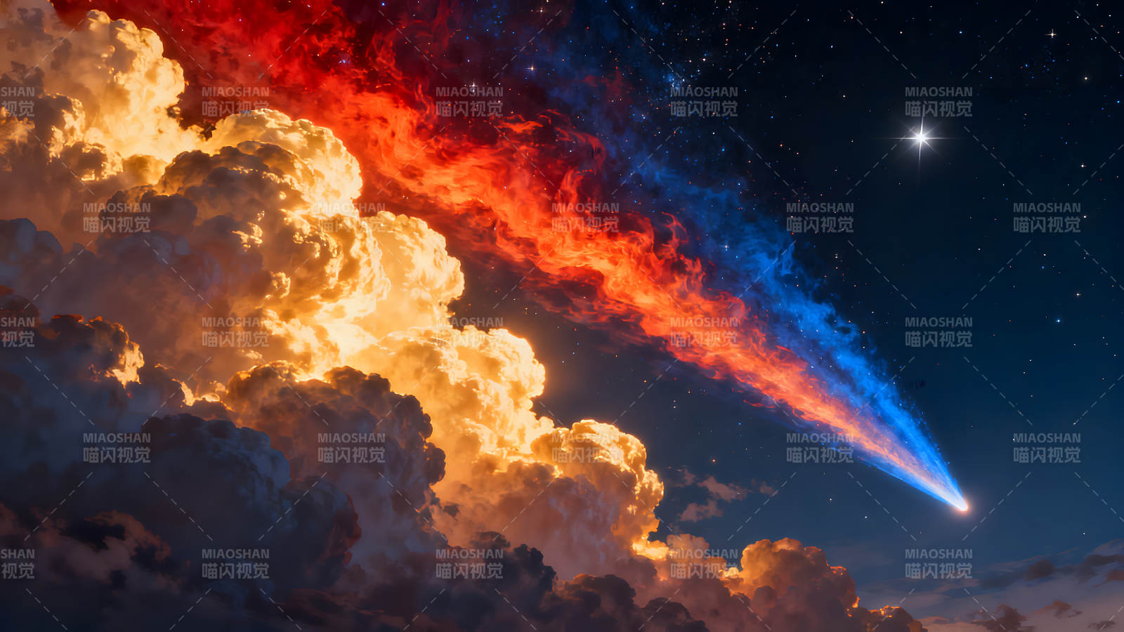 星空火焰與云朵交織的奇幻景象-圖片