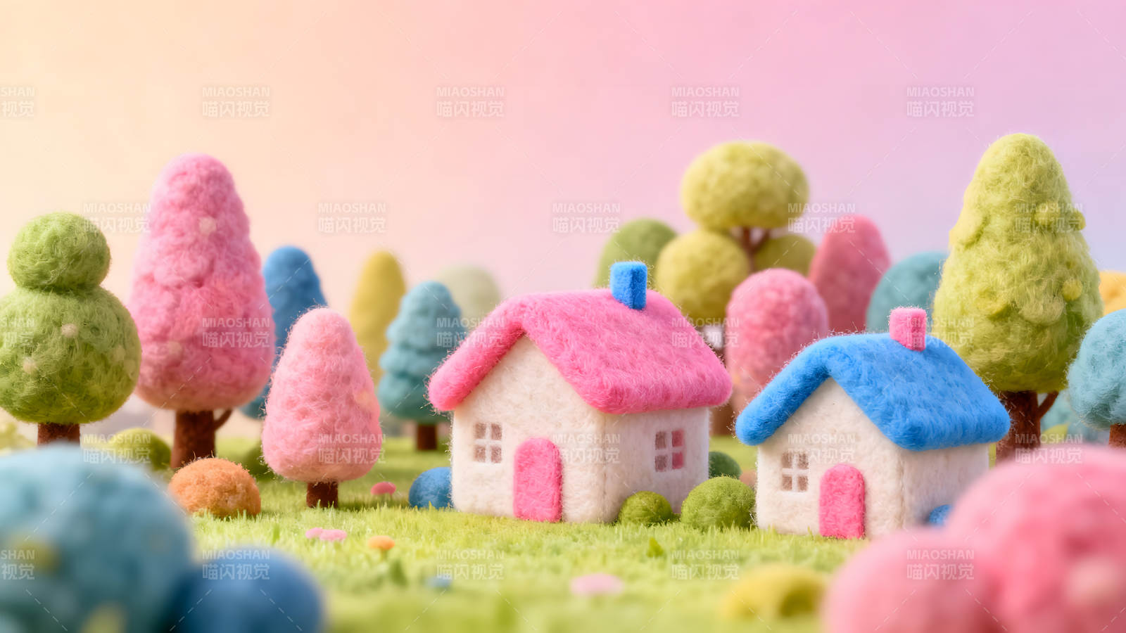 毛毡小屋与彩色森林的童话世界-图片