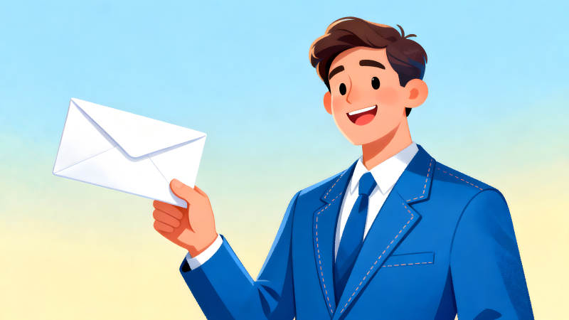 男子手持信封微笑传递信息-图片