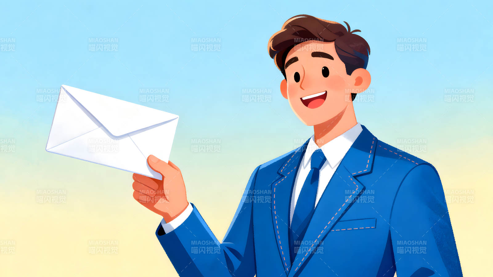 男子手持信封微笑传递信息-图片