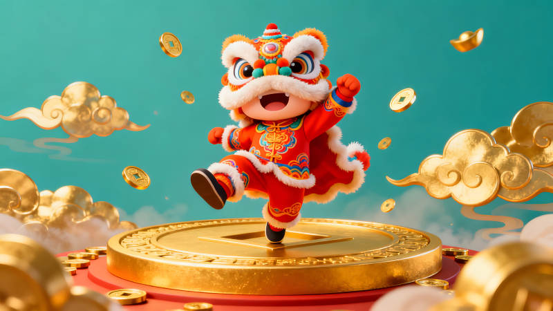 喜慶的舞獅在金色圓盤上歡騰起舞-圖片