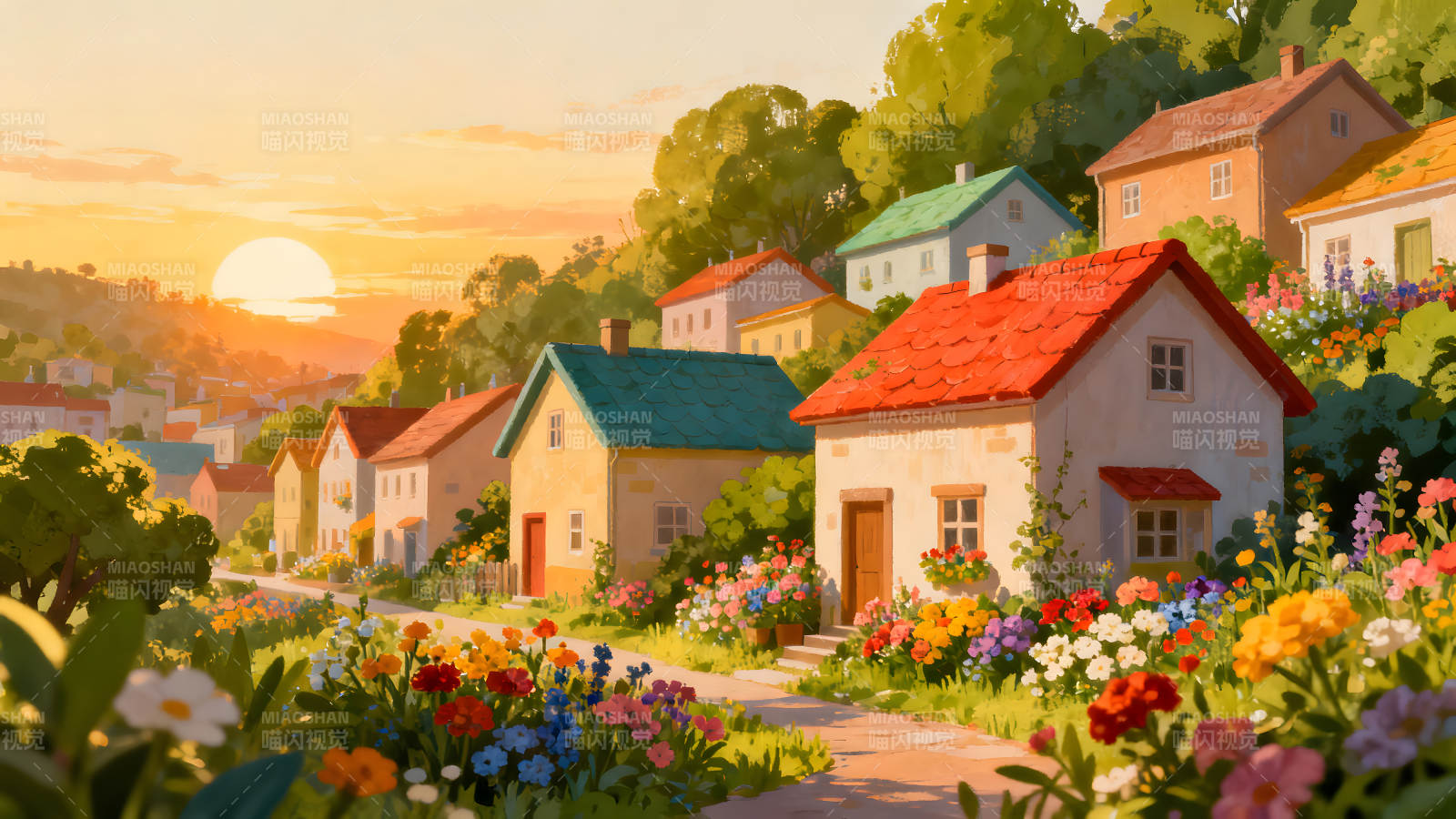 温馨小镇日落美景图片