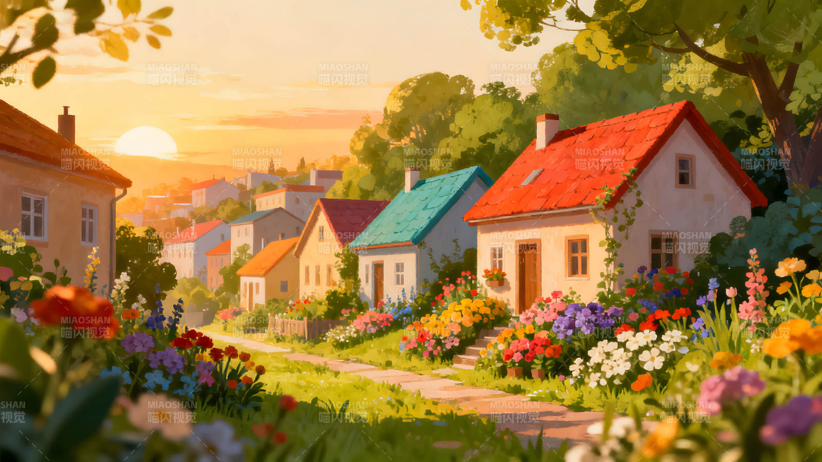 田园风光小镇黄昏落日景色图片