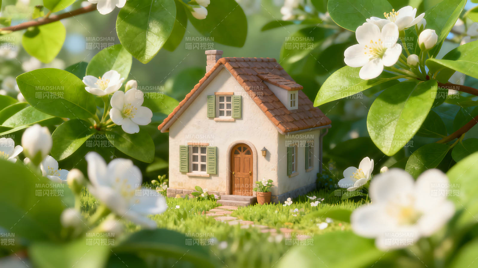 可爱的小房子周围环绕着鲜花-图片