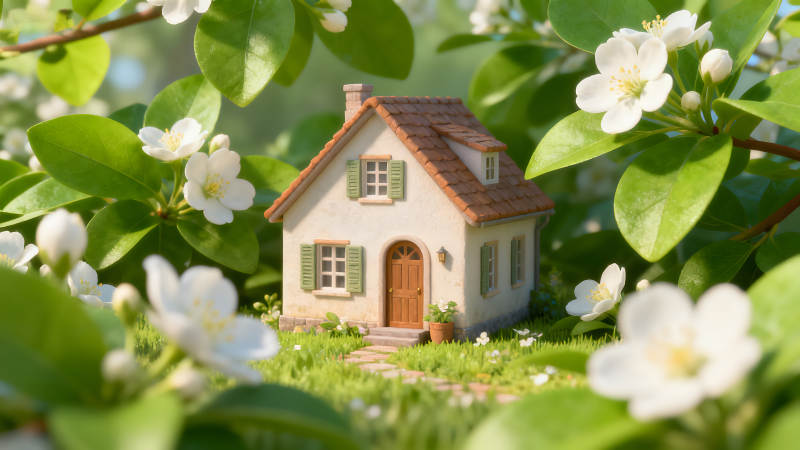 可爱的小房子周围环绕着鲜花-图片